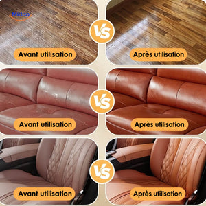 Parquet, canapé en cuir et siège auto avant et après utilisation de Furnituresalve™