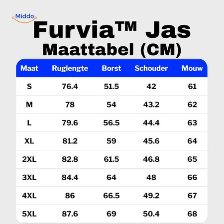 furvia jas maattabel cm maten s tot 5xl www.middo.nl