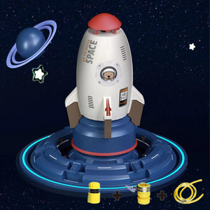 fusée arroseur blanche sur sa plateforme dans un décor espace et étoiles