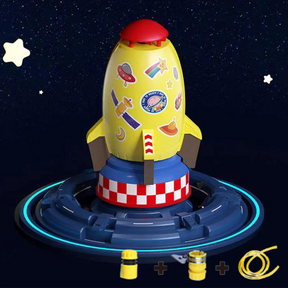 fusée arroseur jaune sur plateforme de lancement avec arrière-plan étoilé