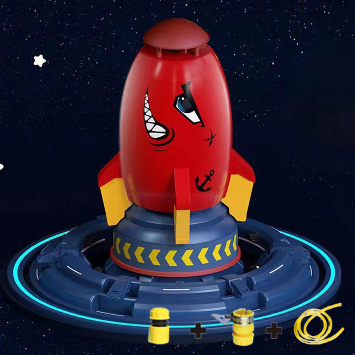 fusée arroseur rouge posée sur sa plateforme de lancement avec fond étoilé