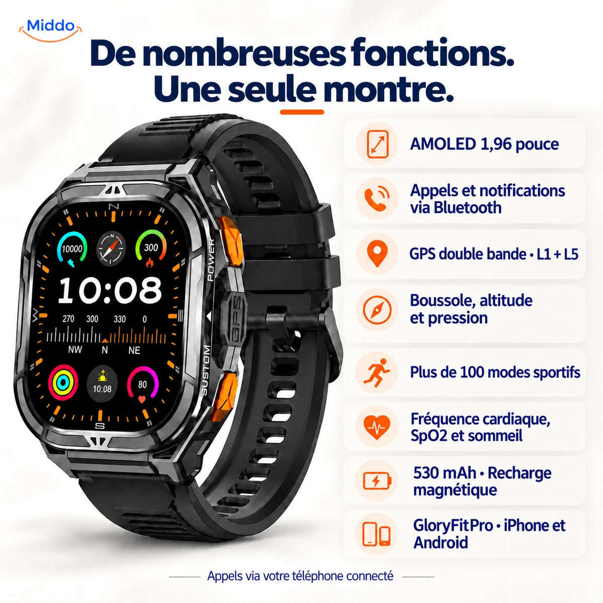 Les fonctions de la Galaxy Armor X5 : AMOLED, GPS, appels, suivi et recharge magnétique