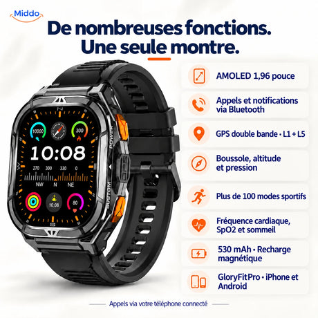 Les fonctions de la Galaxy Armor X5 : AMOLED, GPS, appels, suivi et recharge magnétique