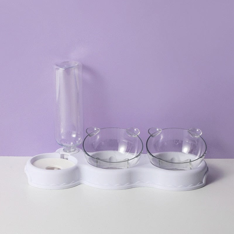 plateau gamelle 3 en 1 coloris blanc avec coupelles amovibles et bouteille d'eau pour chat