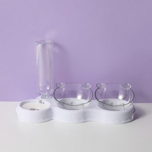 plateau gamelle 3 en 1 coloris blanc avec coupelles amovibles et bouteille d'eau pour chat