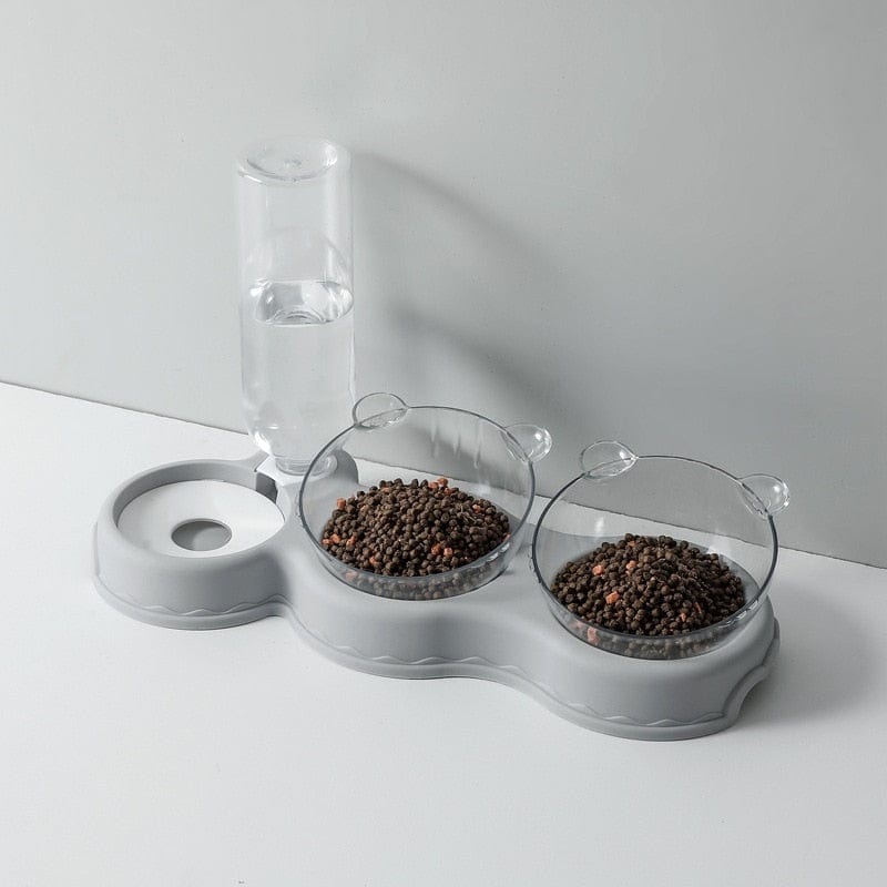 plateau gamelle 3 en 1 coloris gris avec distributeur d'eau et coupelles pour chat