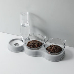 plateau gamelle 3 en 1 coloris gris avec distributeur d'eau et coupelles pour chat