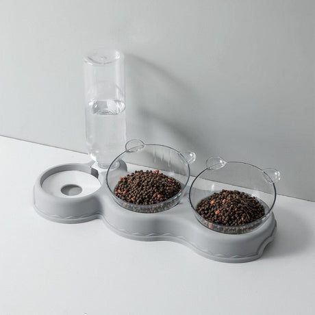 plateau gamelle 3 en 1 coloris gris avec distributeur d'eau et coupelles pour chat