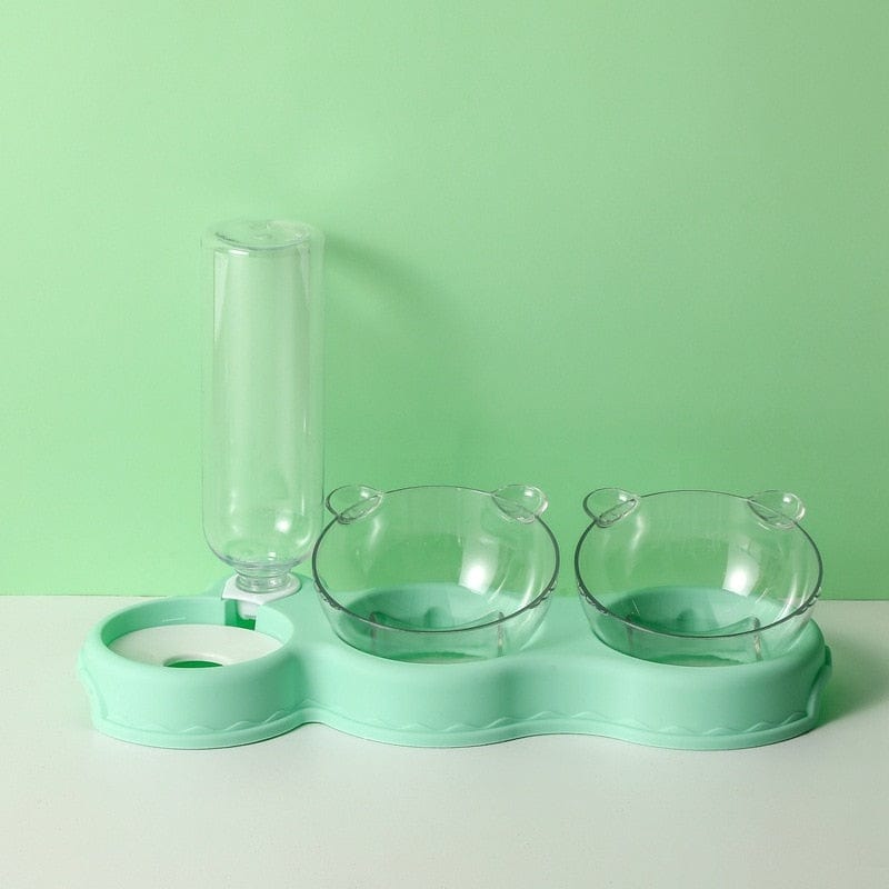 plateau gamelle 3 en 1 coloris vert avec coupelles amovibles et distributeur d'eau pour chat