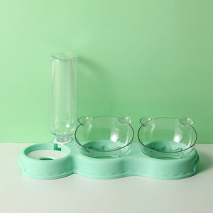 plateau gamelle 3 en 1 coloris vert avec coupelles amovibles et distributeur d'eau pour chat