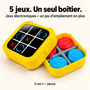 GameMaster 5-en-1 jaune avec jeu électronique et pions à empiler dans le boîtier