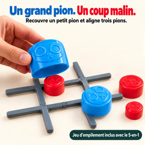 Un grand pion bleu recouvre un petit pion rouge dans le jeu d’empilement 5-en-1