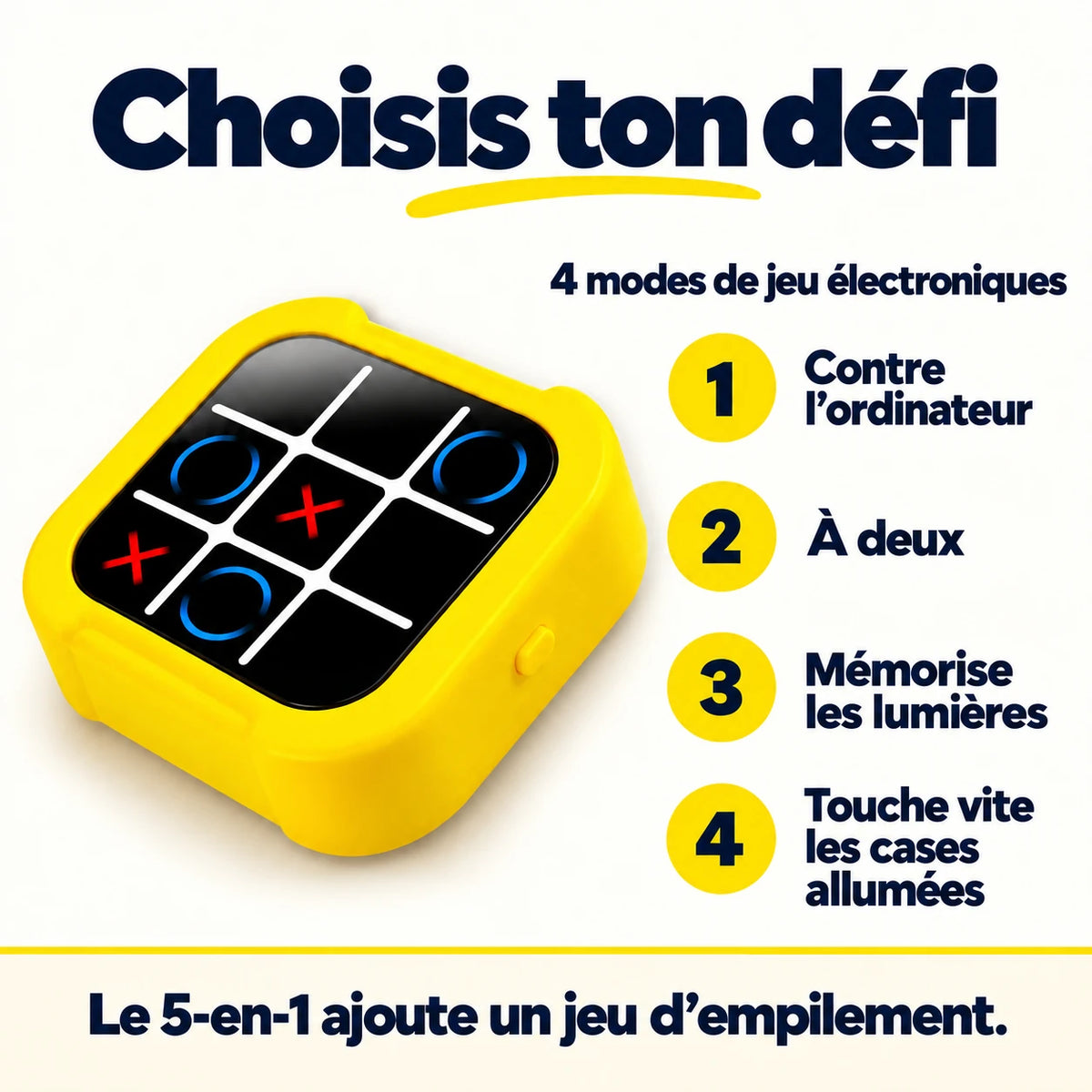 Quatre modes électroniques GameMaster : ordinateur, deux joueurs, mémoire et réflexes