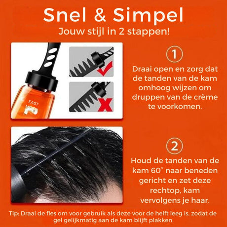 application du gel cheveux 2 en 1 avec le peigne fourni, geste de coiffage étape par étape