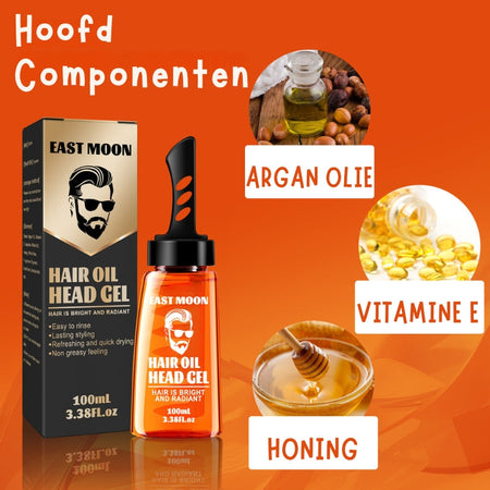 flacon de gel cheveux 2 en 1 avec liste des ingrédients : huile d'argan, vitamine E et miel