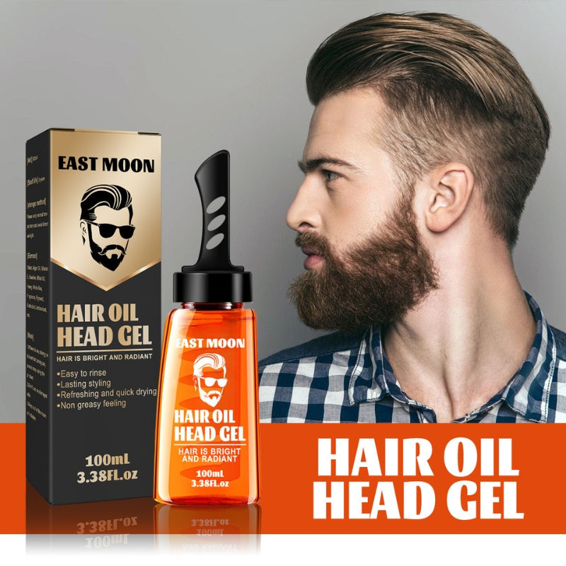 gel cheveux 2 en 1 avec peigne intégré tenu par un homme, coiffure naturelle et brillante