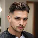 portrait d'un jeune homme aux cheveux courts sur les côtés et longs sur le dessus après application du gel 2 en 1