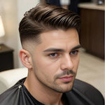 jeune homme aux cheveux courts brun foncé coiffés avec le gel 2 en 1, style soigné et naturel