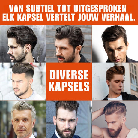 8 hommes avec différentes coiffures obtenues grâce au gel cheveux 2 en 1, avant et après