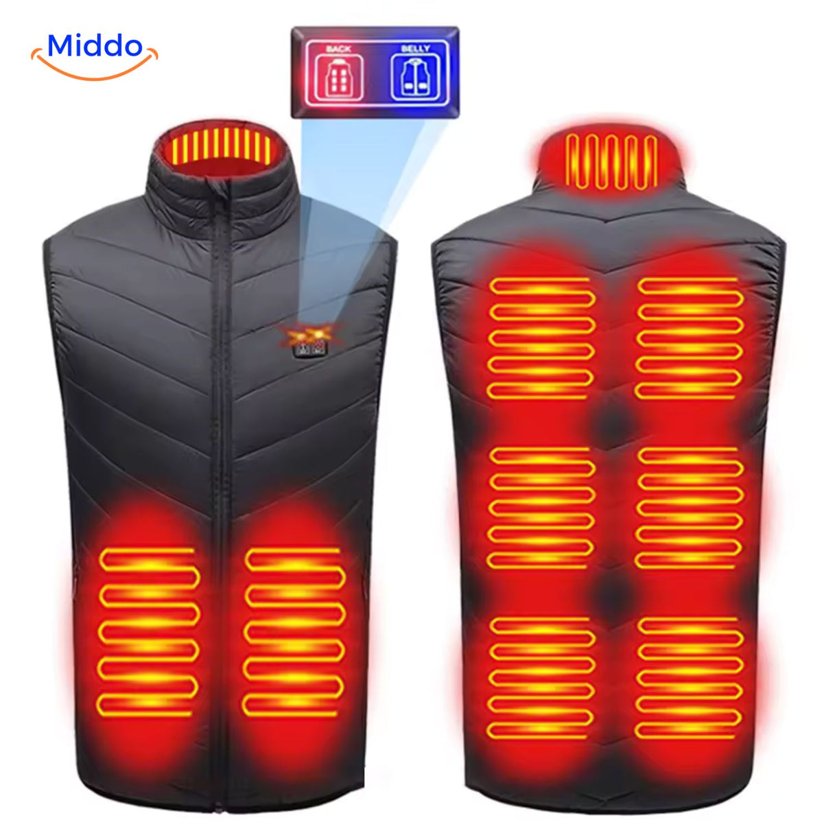 gilet chauffant usb avec 4 zones de chaleur principales illustrées sur le vêtement