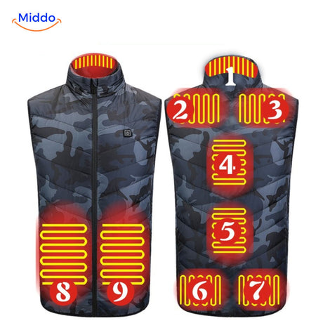 gilet chauffant usb motif camouflage, vue de face avec zip fermé