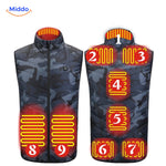 gilet chauffant usb motif camouflage, vue de face avec zip fermé