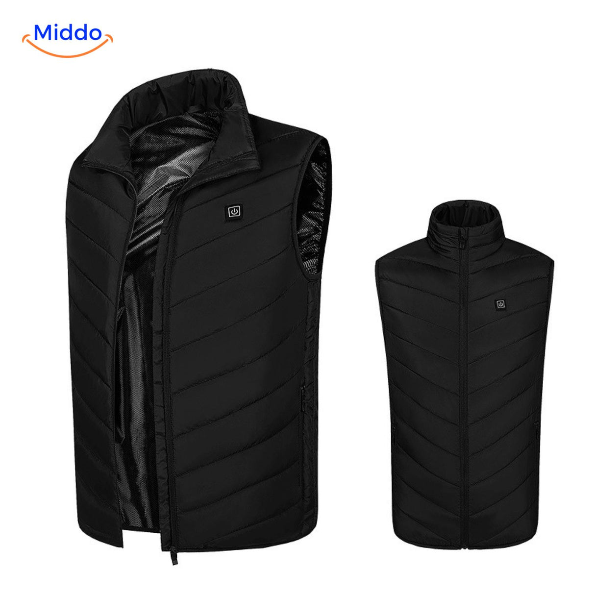 gilet chauffant noir modèle basique porté zip ouvert, intérieur visible