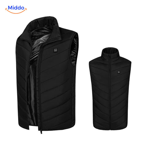 gilet chauffant noir modèle basique porté zip ouvert, intérieur visible