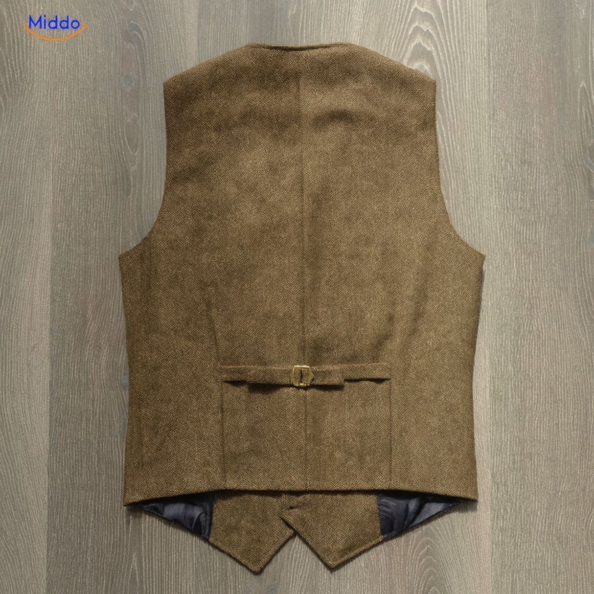 vue arrière du gilet en laine tweed brun, finitions soignées et dos structuré