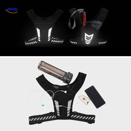 gilet running réfléchissant présenté avec ses accessoires et équipements inclus