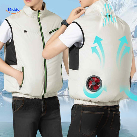 gilet de travail blanc vue arriere avec circulation d'air rafraichissante et ventilateurs integres