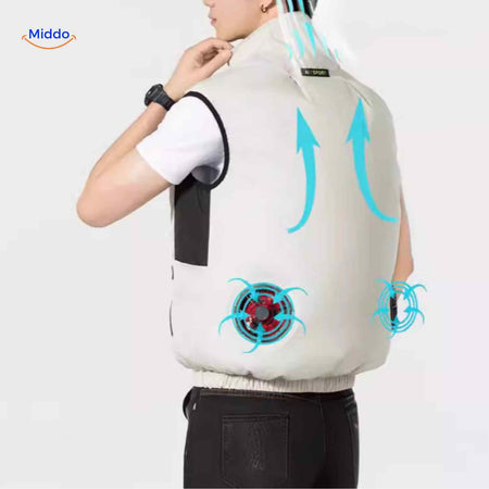 gilet de travail blanc vue arriere avec flux d'air et ventilateurs de refroidissement puissants