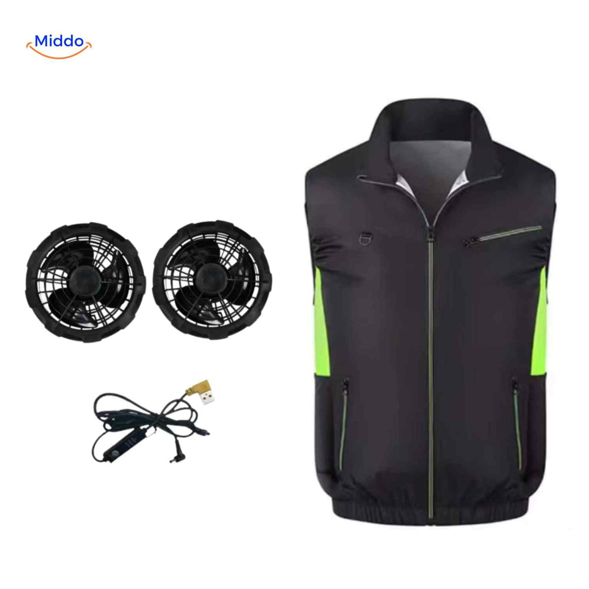 gilet de travail noir et vert avec kit de ventilateurs et systeme de refroidissement actif