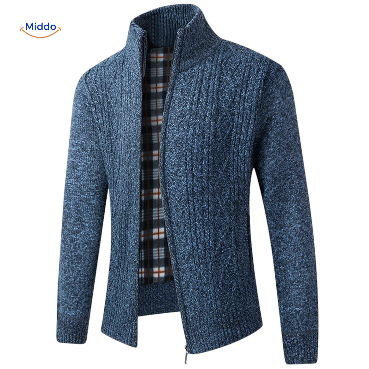 gilet tricoté homme vue avant ouvert avec doublure visible, coloris bleu