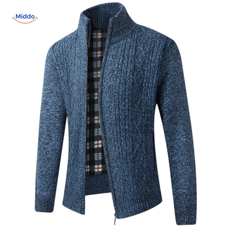 gilet tricoté homme vue avant ouvert avec doublure visible, coloris bleu