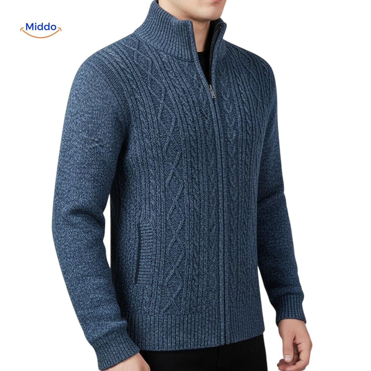 gilet tricoté homme gros plan vue de côté, coloris bleu