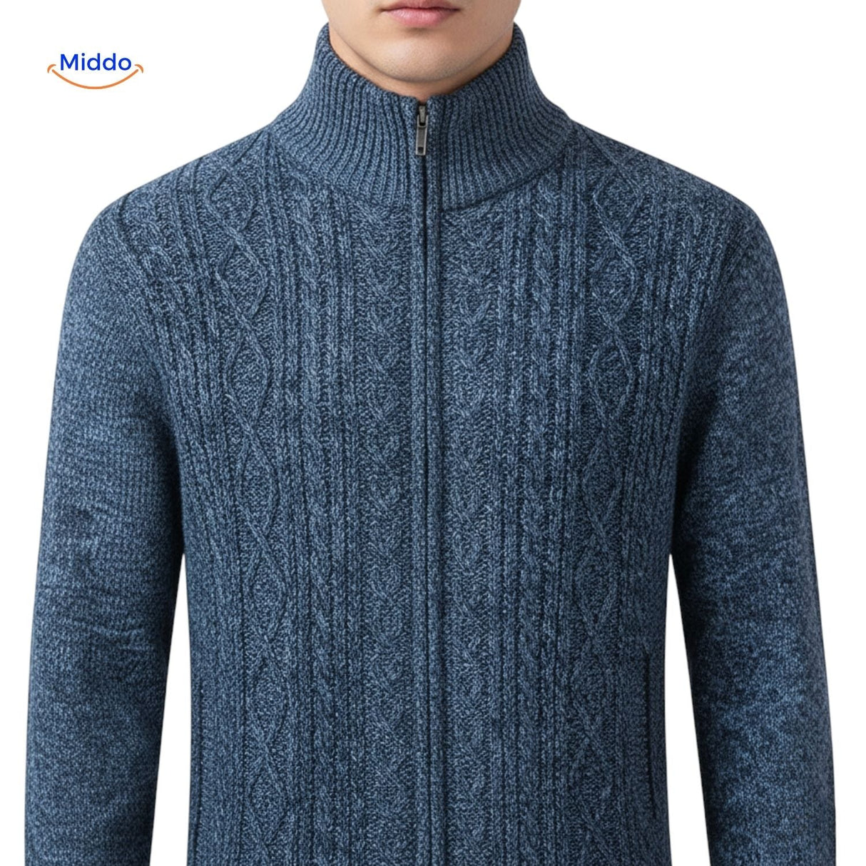 gilet tricoté homme vue de face avec fermeture éclair fermée, coloris bleu
