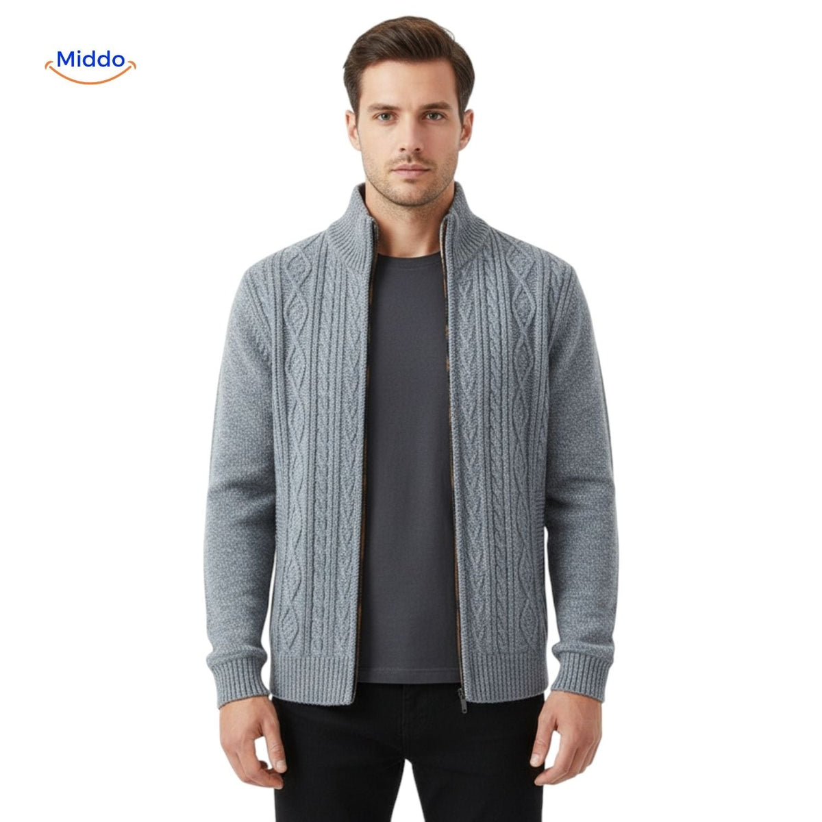 gilet tricoté homme vue de face ouvert, coloris gris