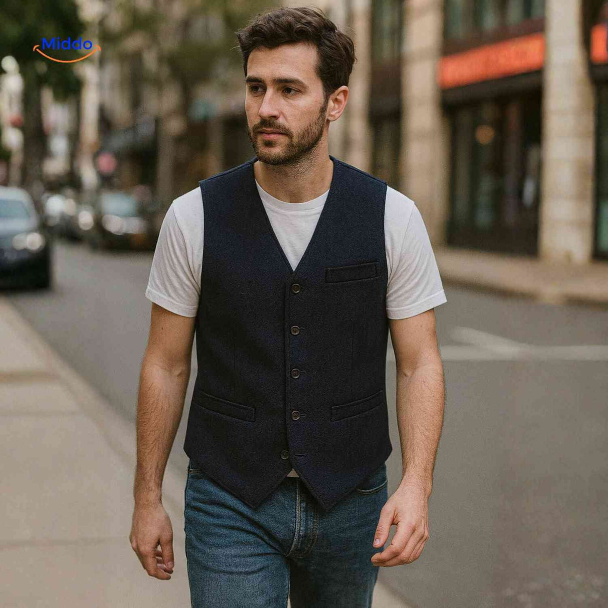 gilet tweed motif chevron coloris bleu porté en extérieur, allure héritage