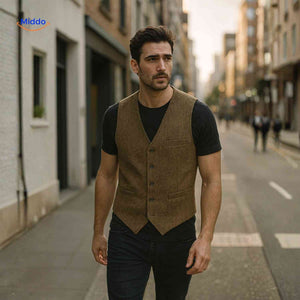 gilet en tweed à motif chevron brun porté en extérieur, style héritage britannique