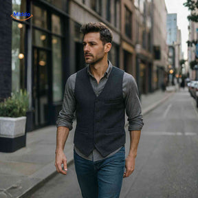 gilet en tweed à chevrons coloris gris porté en extérieur par un homme