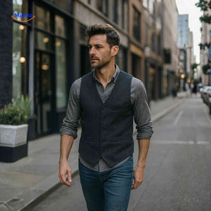 gilet en tweed à chevrons coloris gris porté en extérieur par un homme