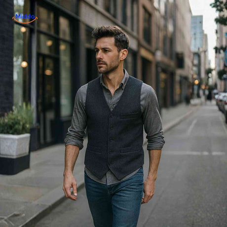gilet en tweed à chevrons coloris gris porté en extérieur par un homme