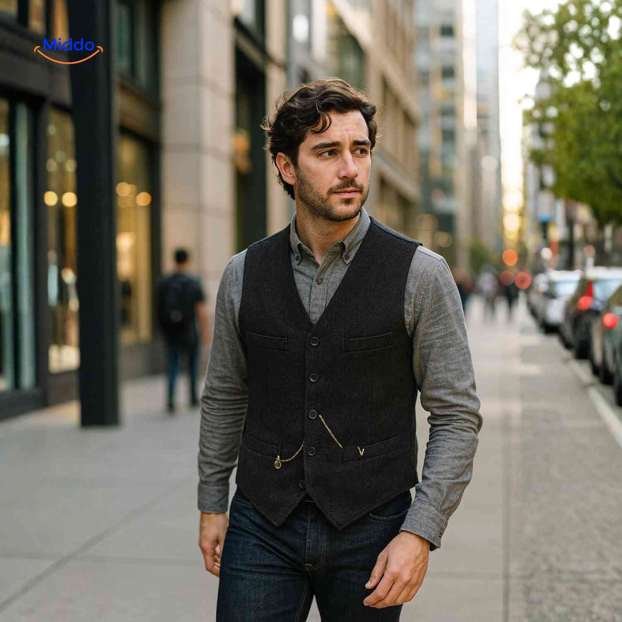 gilet laine tweed chevron coloris noir porté à l'extérieur, style élégant
