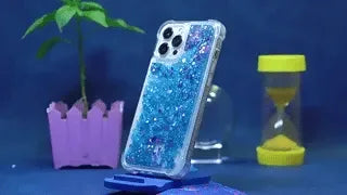 coque téléphone sable liquide bleu avec effet glitter et brillance scintillante