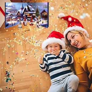 enfant et mère explorant ensemble le calendrier de l'avent gnome en peluche, moment de partage