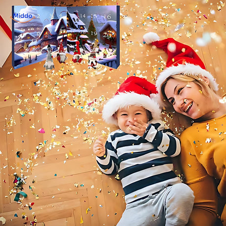 enfant et mère explorant ensemble le calendrier de l'avent gnome en peluche, moment de partage