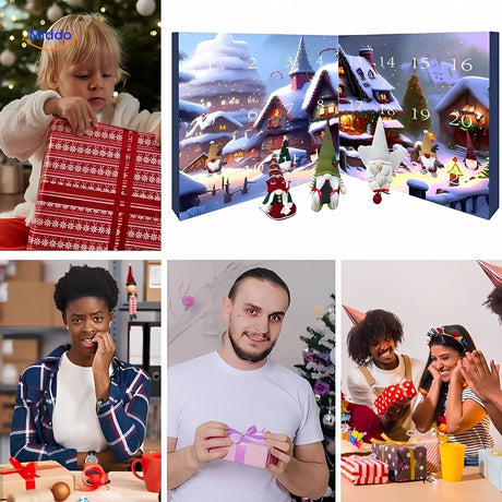 enfants qui déballent des cadeaux de noël avec le calendrier de l'avent gnome en peluche