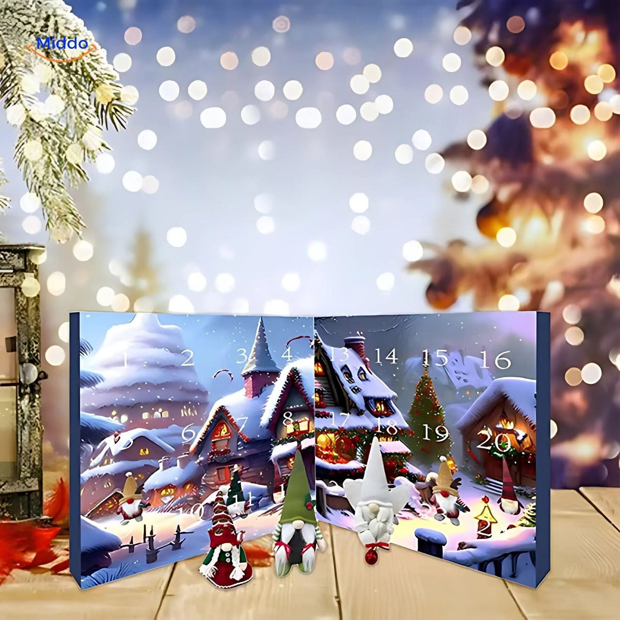 calendrier de l'avent scène d'hiver avec poupées miniatures et gnomes en peluche