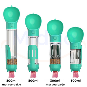 gourde pour chien turquoise en deux tailles : 300 ml et 500 ml côte à côte